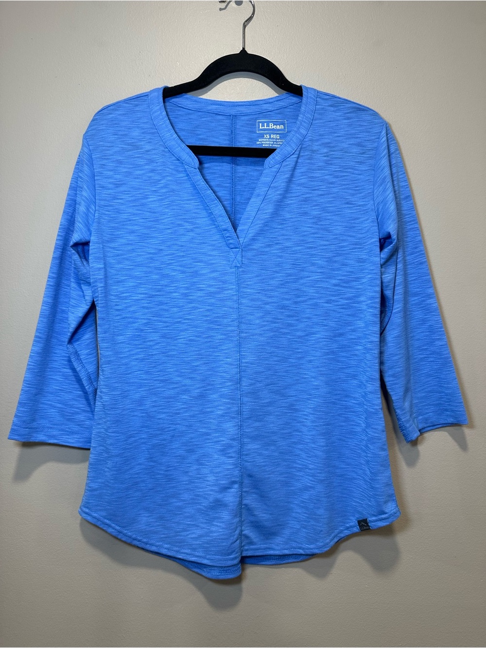 L.L. Bean Streamside Slub Knit Splitneck Performance Tee 3/4 Sleeve Blue XS EUC